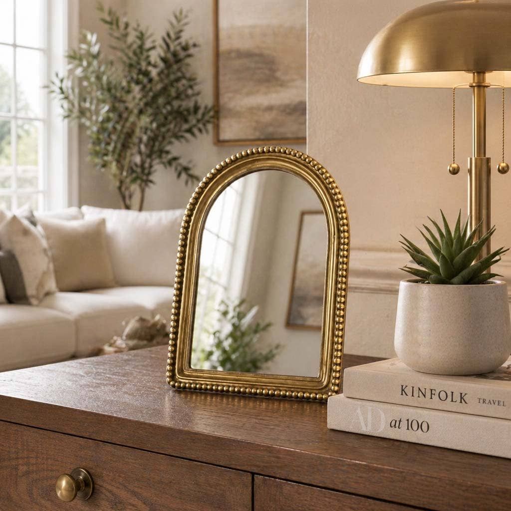 Wall Mirror - Gold Glass Glam Beaded Arch Framed, 8 in.