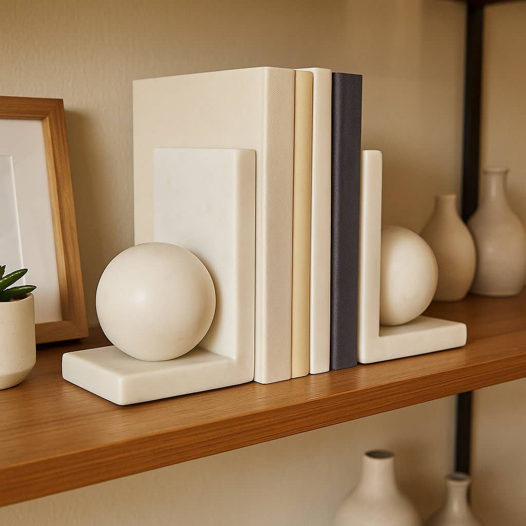 Bookends Set of 2 - White Marble Modern Orb, 6 in.