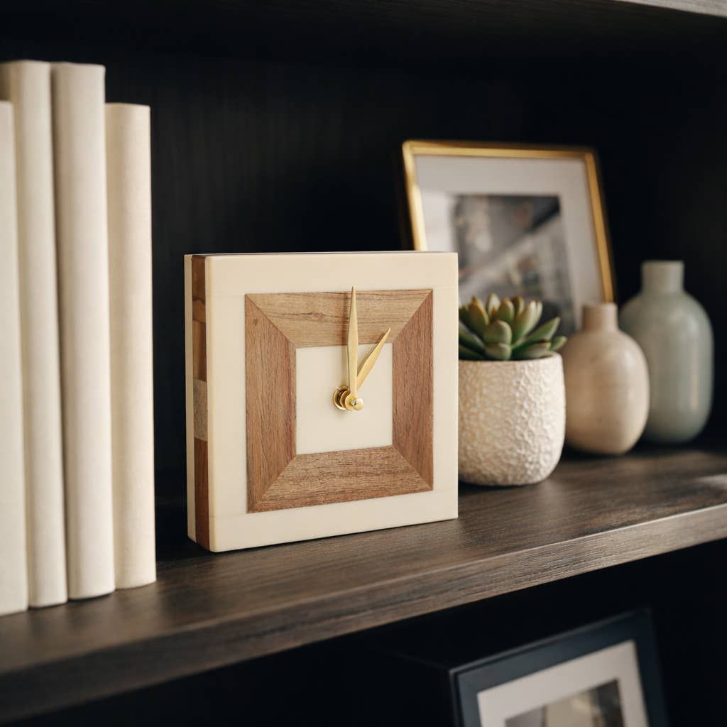 Table Clock - Ivory/Tan Resin Square with Wood Inlay,  5 in.
