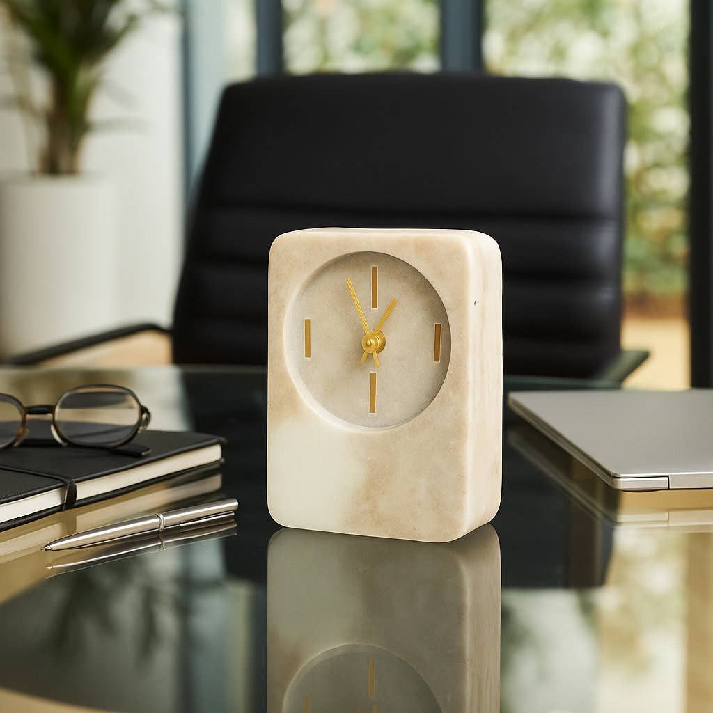 Desk Clock - Beige Marble with Brass Details Tabletop, 7 in.