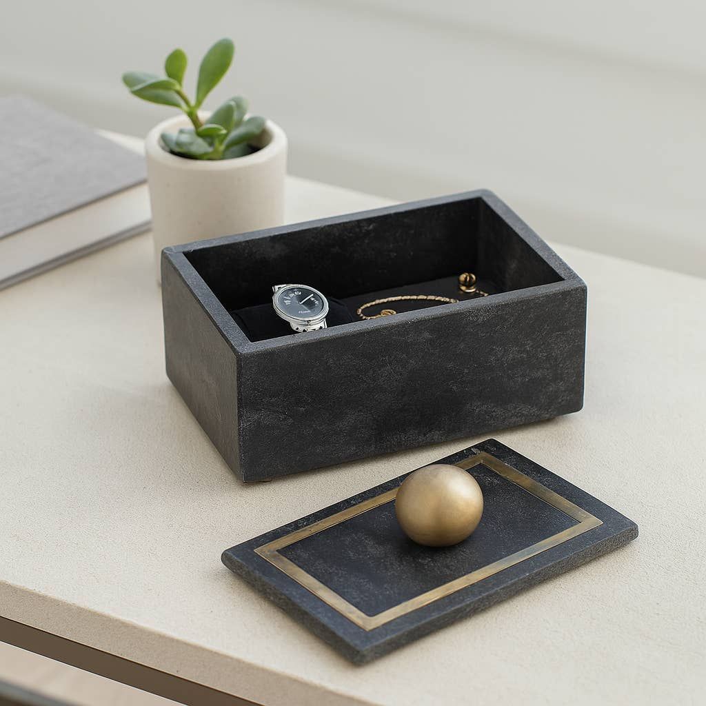 Marble Decorative Box with Removable Lid - Black, 7 in.