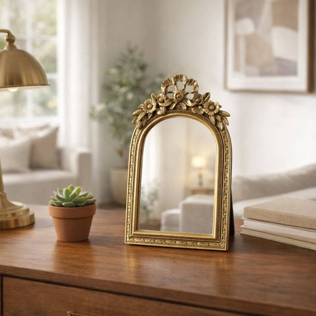 Wall Mirror - Gold Glass Gilded Bow Arch Framed, 10 in.