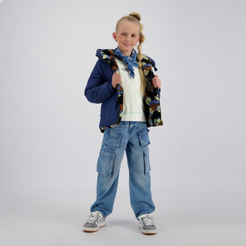 Vingino Tara Meisjesjas – Omkeerbaar – Donkerblauw &amp; Teddy Bloemenprint – Winterjas 2-in-1