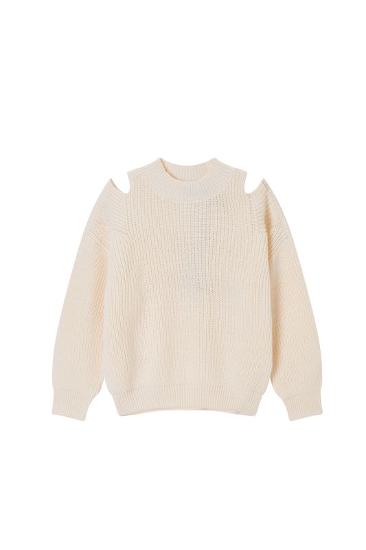 Meisjes Trui met Open Schouders – Gebreide Sweater in Ecru – AWESONE