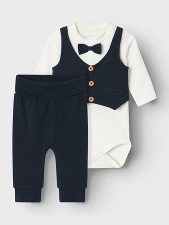 NAME IT Baby Set – 2-delig - Body met Gilet &amp; Strikje + Broekje - Donkerblauw/Wit 13235553