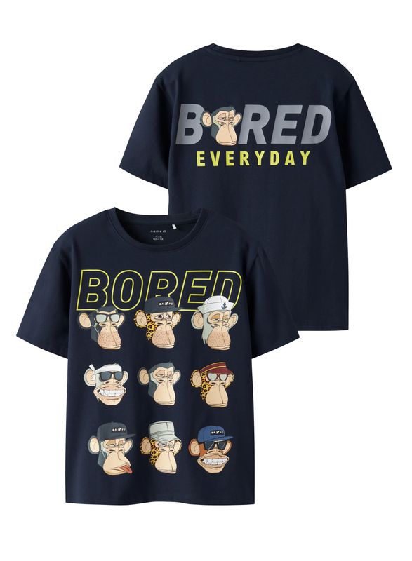 13252196 T-shirt Jongens Donkerblauw met Bored Monkey Print