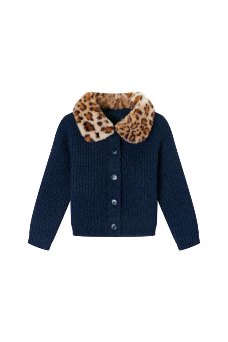 LILA-SG-15-D – Someone meisjes cardigan donkerblauw met leopard kraag