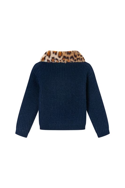 LILA-SG-15-D – Someone meisjes cardigan donkerblauw met leopard kraag