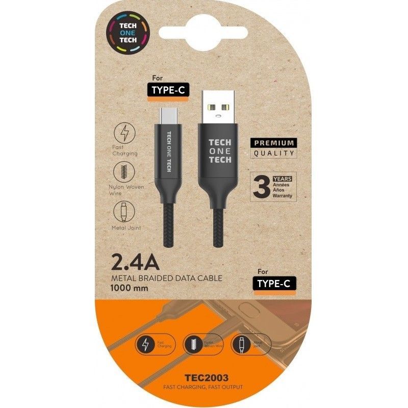 CABLE USB 2.4A DE USB-A a USB-C 1M NEGRO