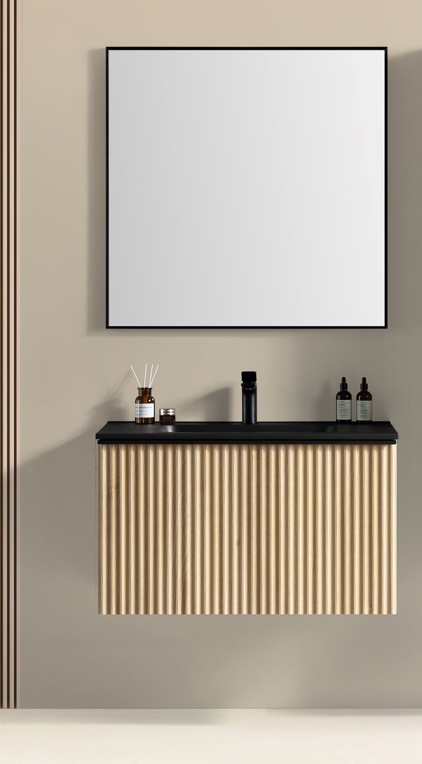Brunella onderkast + wastafel zwart + spiegel 80 cm - eiken