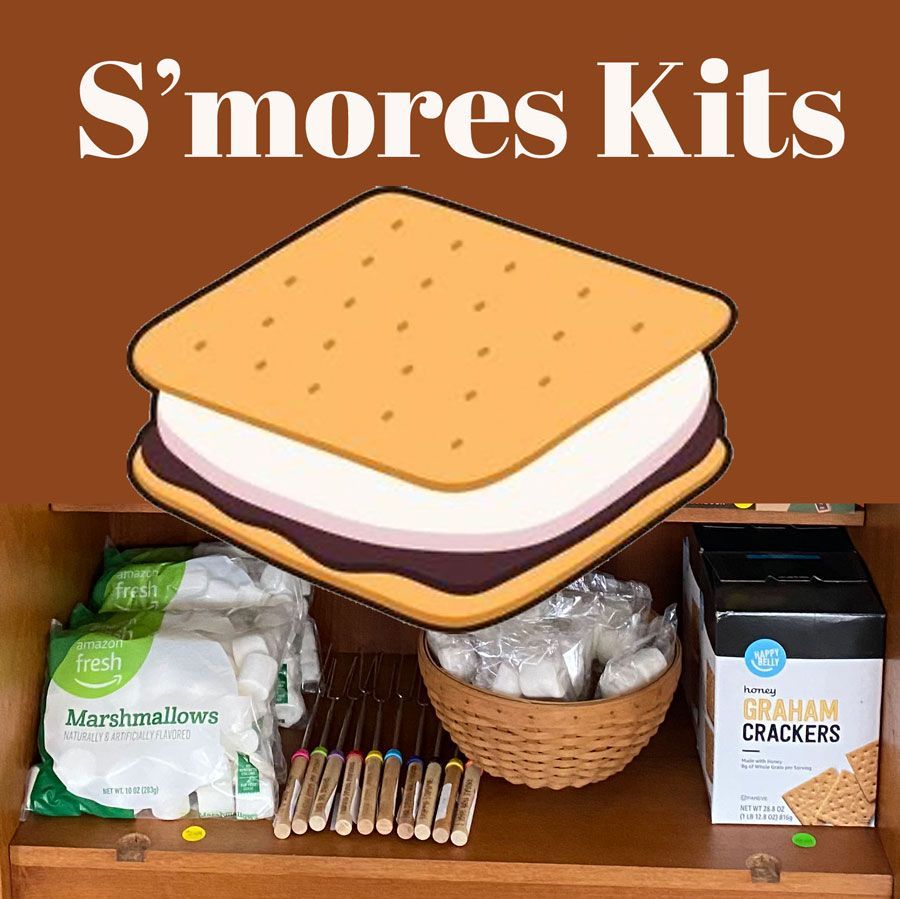 S'mores kits with a cartoon graphic of s'mores, and the ingredients on a countertop