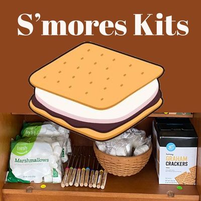 S'mores kits with a cartoon graphic of s'mores, and the ingredients on a countertop