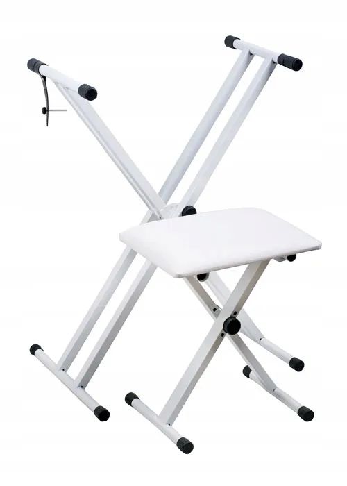 biały STATYW STOJAK podwójny + ŁAWA STOŁEK KRZESŁO pod KEYBOARD PIANINO
