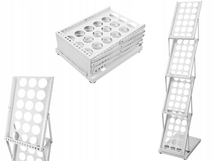 SKŁADANY STOJAK 4 półki na ULOTKI GAZETY KATALOGI BROSZURY A4 biały metal
