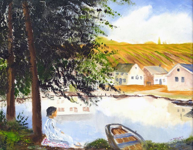 "Woman by a Pond and House"