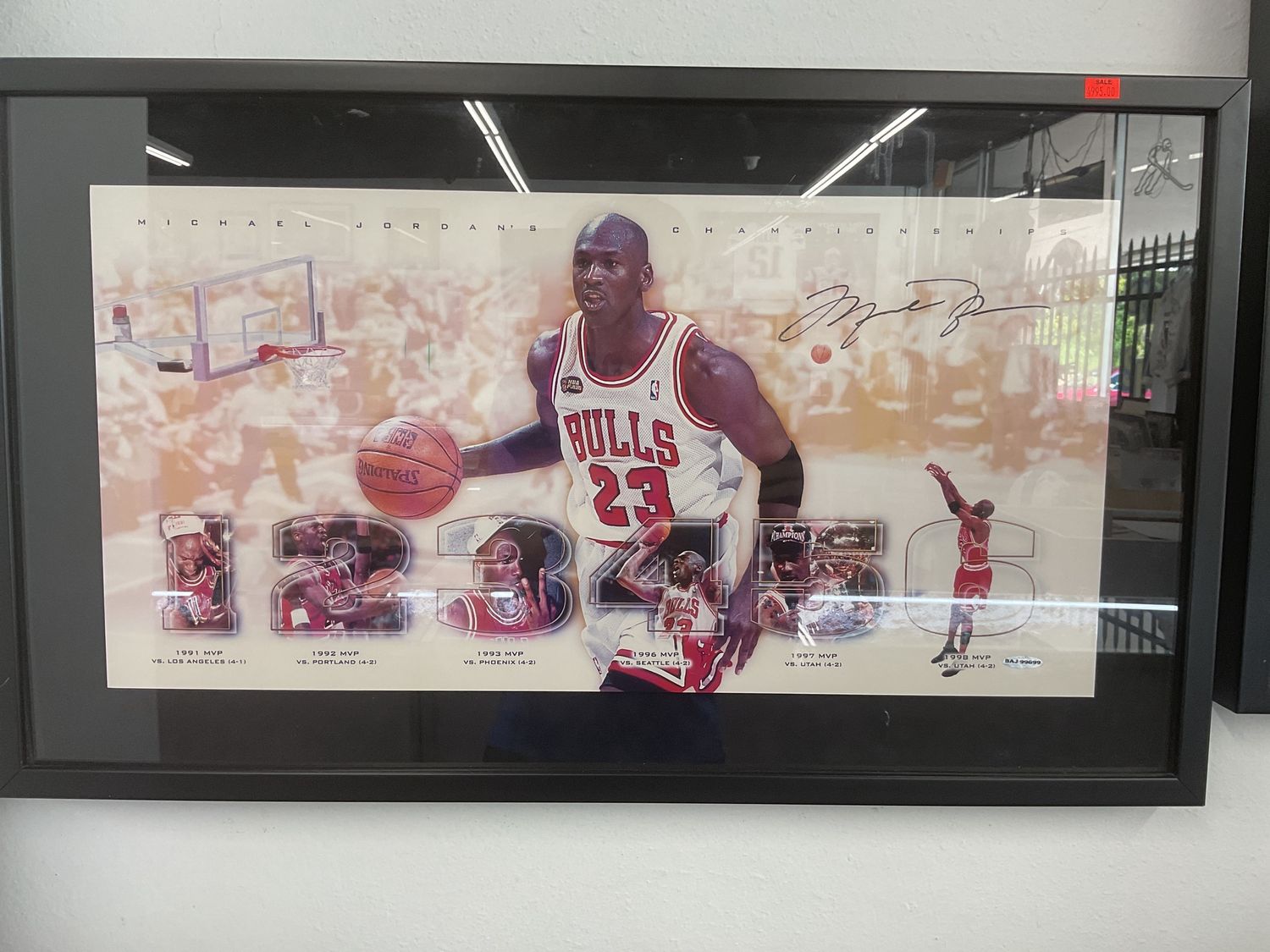 Michael Jordan Upper Deck 6 championships authenticated autograph display 29”x17”