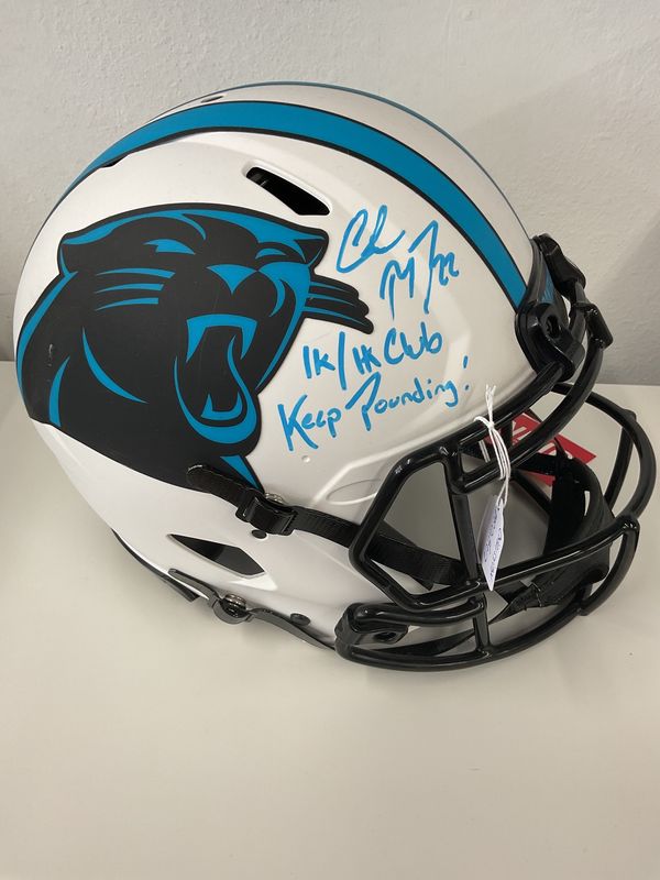 Christian Mccaffery Autographed Full-Size Carolina Panthers Helmet “1K/1K Club Keep Pounding” Inscr. Beckett Authentic
