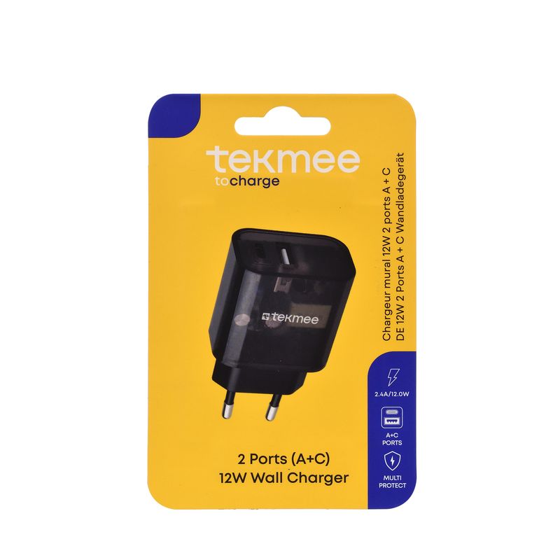 12W 2 PORTS TYPE-C + USB TRANSP. WALL CHARGER