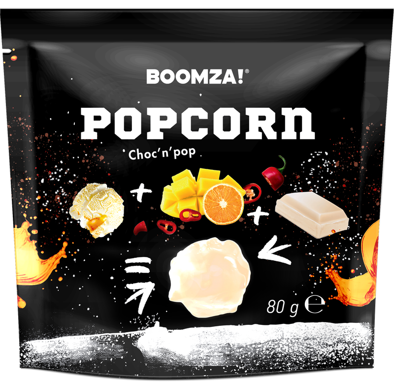 Hot mango &amp; orange flavoured caramelized popcorn, glazed 80g