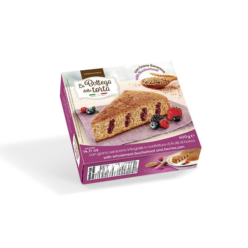 Soft cocoa cake with wholemeal buckwheat flour and mixed berries jam filling