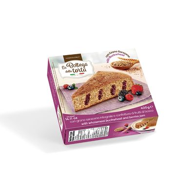 Soft cocoa cake with wholemeal buckwheat flour and mixed berries jam filling