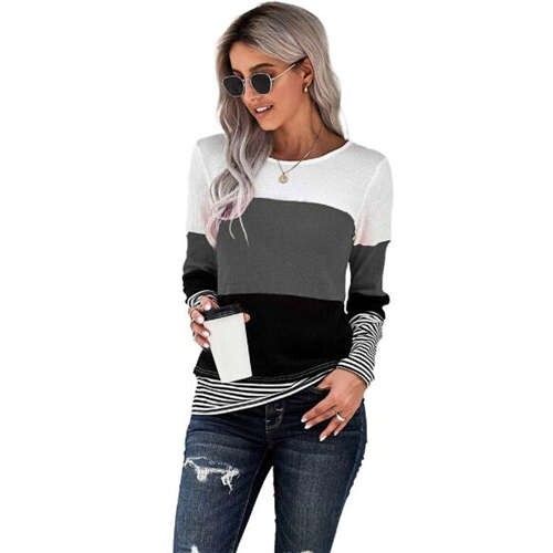 Contrast Colors Jointed Long Sleeves Fashion Women Top/ T-shirt - Gray