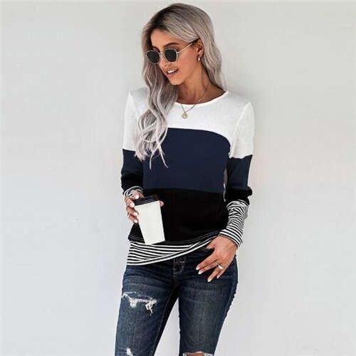 Contrast Colors Jointed Long Sleeves Fashion Women Top/ T-shirt - Blue