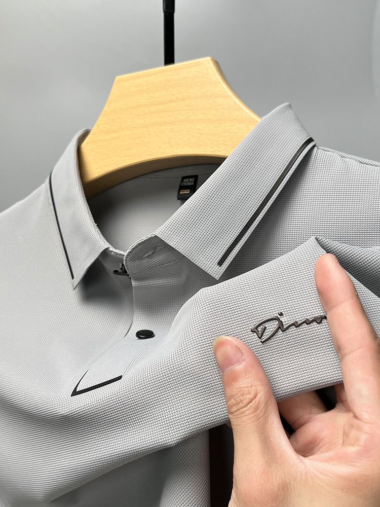 Color: Gray, Size: XXXXL - Ice Silk Short Sleeve T-shirt Men&#39;s Shirt Collar Summer Polo Shirt Loose Clothes Split