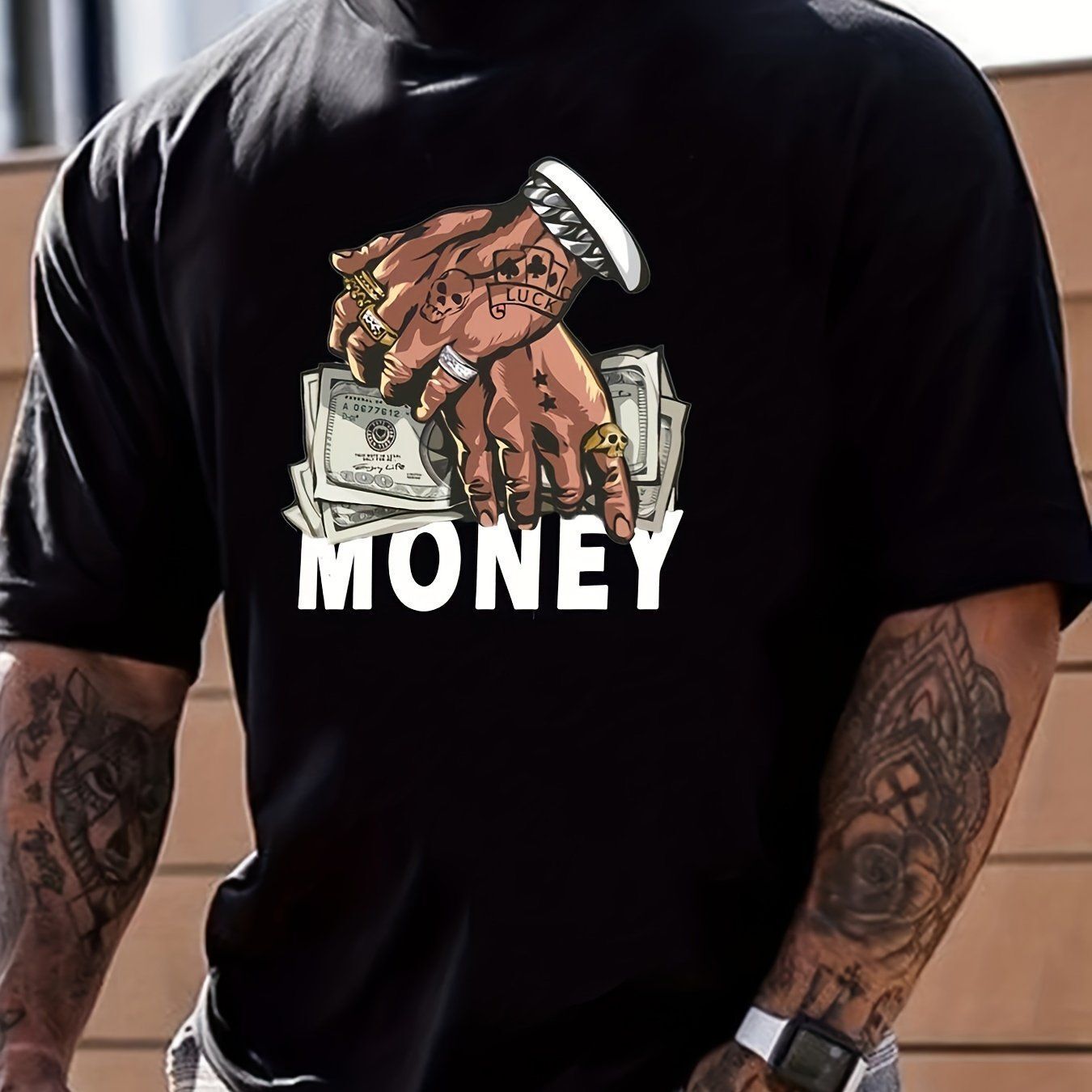 Cartoon Money And Hand Prints, Men&#39;s Graphic Design Round Neck Niche T-shirt, Summer Casual Comfortable T-shirt, Men&#39;s Top Daily Vacation Destination