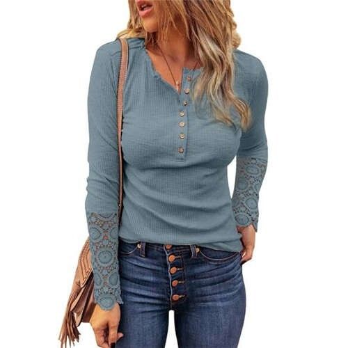 Solid Color Lace Sleeves Design Casual Fashion Women Top/ T-shirt - Blue