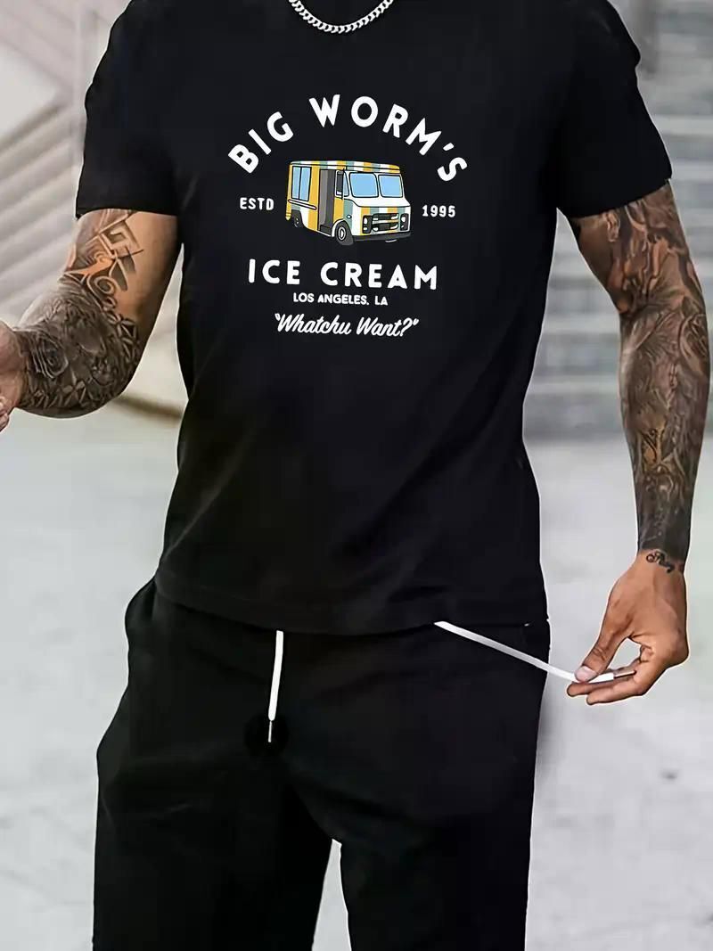 1pc Big Worm&#39;S Ice Cream Truck Graphic T-Shirt - 100% Cotton Crew Neck Tee, Short Sleeve, Regular Fit, All-Season Casual Wear for Men - Medium Stretch Knit Fabric, Digital Direct Injection Print