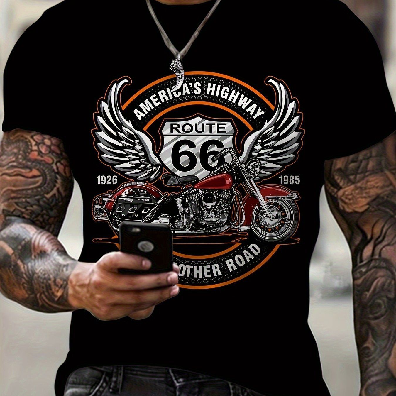 3D Route 66 Motorcycle Printed Men&#39;s Fashion Color Block Short Sleeve Round Neck T-shirt, Summer Outdoor