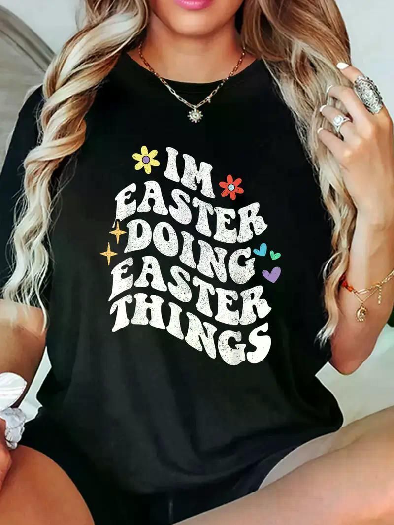 Easter Women&#39;S T-Shirts Retro Groovy Im Easter Doing Easter Things Funny Mother&#39;S T-Shirt Print Women&#39;S T-shirt, Round Crew Neck Soft Short Sleeve T-Shirt