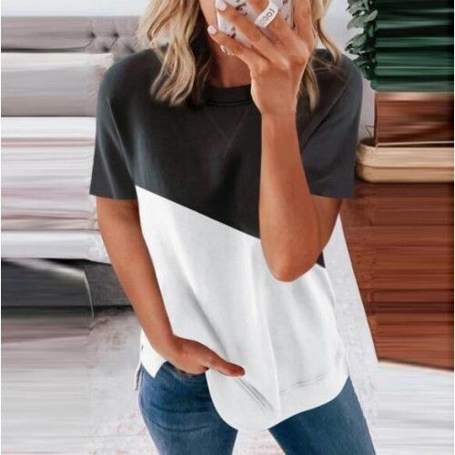 U.S. Fashion Wholesale Clothing Contrast Color Design Round Neck Women T-shirt/ Top - Black