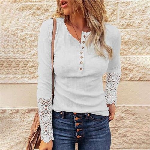Solid Color Lace Sleeves Design Casual Fashion Women Top/ T-shirt - White
