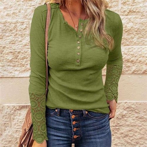 Solid Color Lace Sleeves Design Casual Fashion Women Top/ T-shirt - Green