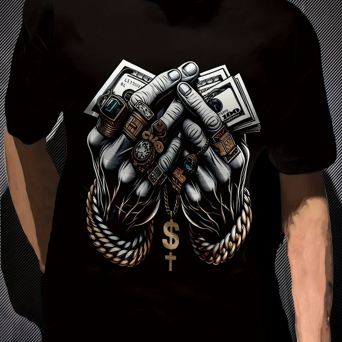 Men&#39;s Polyester 3D Digital Printed T-shirt With USD And Ring Pattern, Round Neck, Slightly Elastic, Casual Knitted Fabric T-shirt