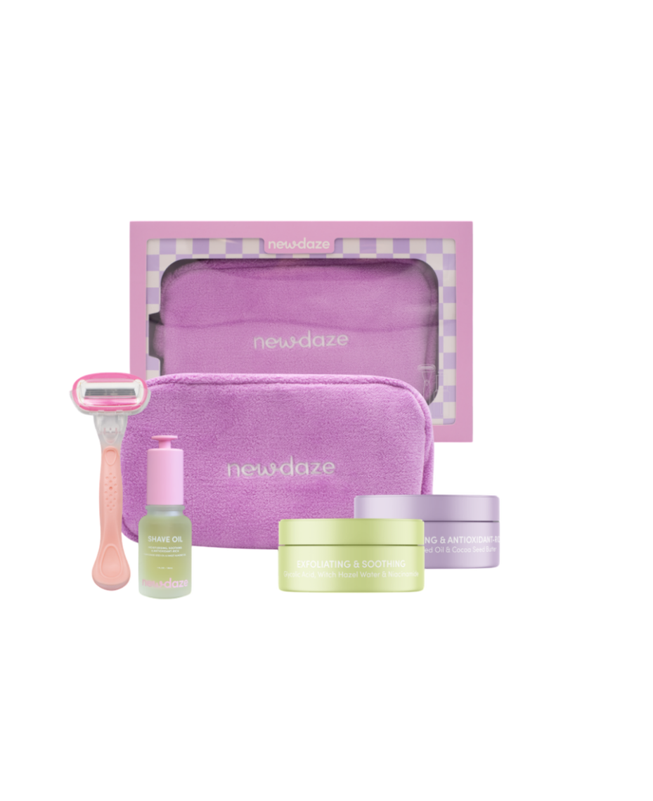 Silky Vibes Shave Set with Razor, Pre-Shave Scrub 100mL, Shave Oil 30mL, Post Shave Balm 100mL &amp; Cosmetic Bag