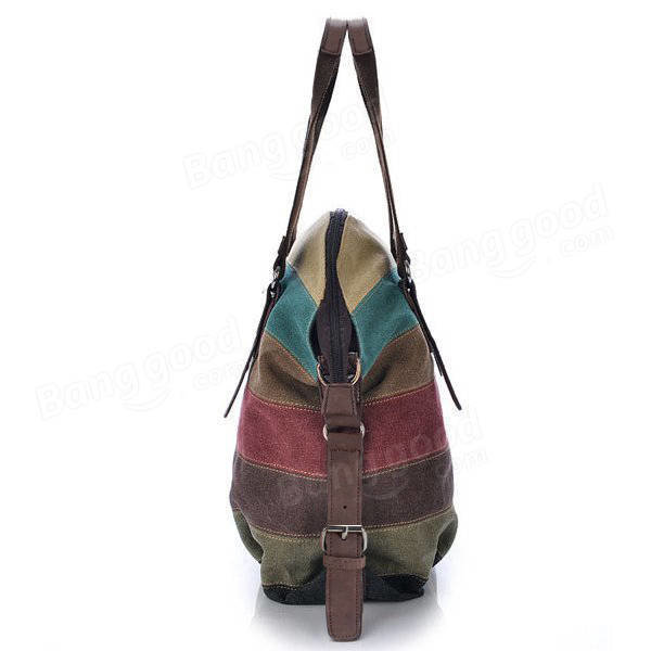 Women Casual Stripe Canvas Handbags Micro-Fibric Leather Shoulder Bags  Contrast Color Crossbody Bags