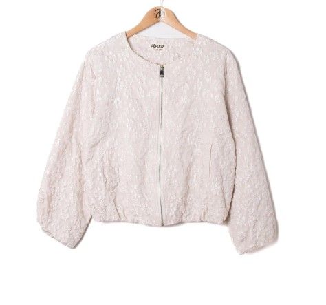 Bomber con cremallera y flores beige