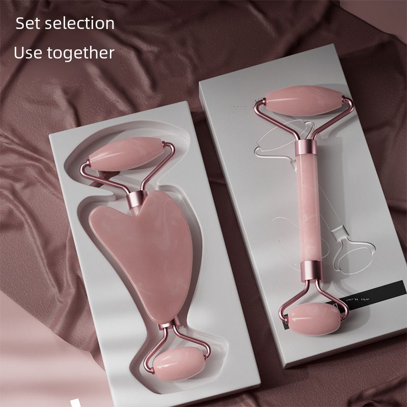 Pink Crystal Roller Massager Set Non-jade Facial Roller Beauty Stick Face Scraping Double-headed Massage Stick