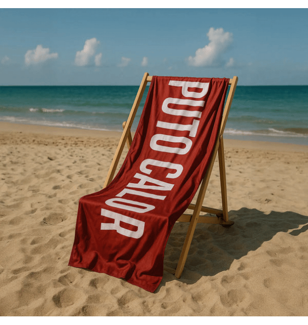 Toalla playa "puto calor" rojo.