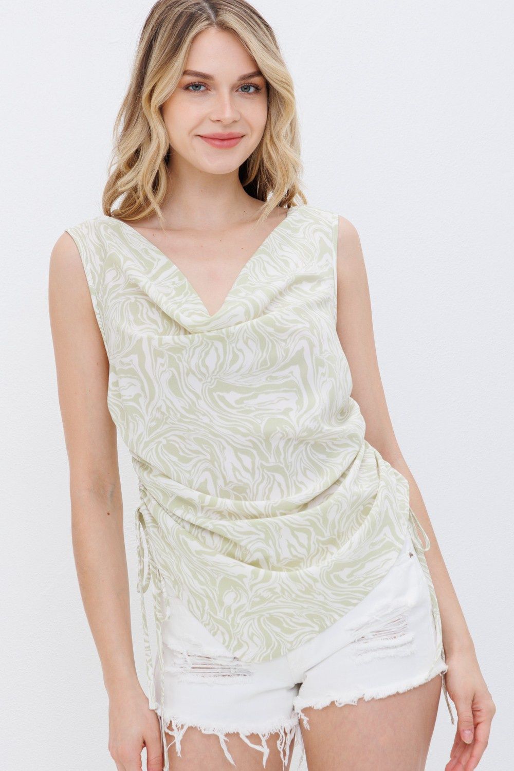 Sage Marble Print Cowl Neck Ruched Tank Top – Chic Summer Blouse
