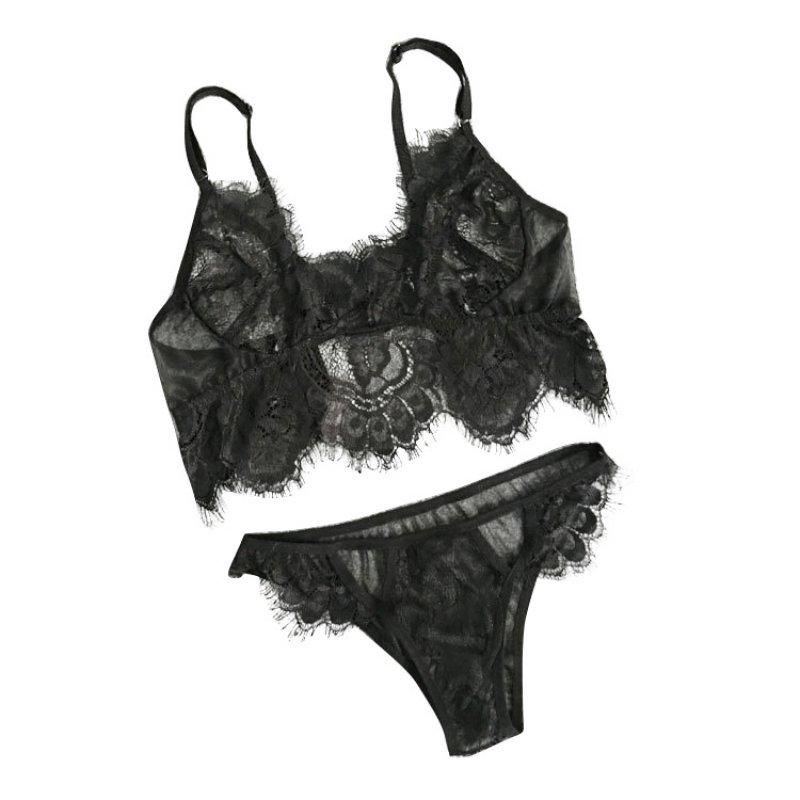 EP Sexy Bra Lingerie Lace Bras G-string Sheer Unpadded Mesh Bralette, Cup Size: M, Color: Black