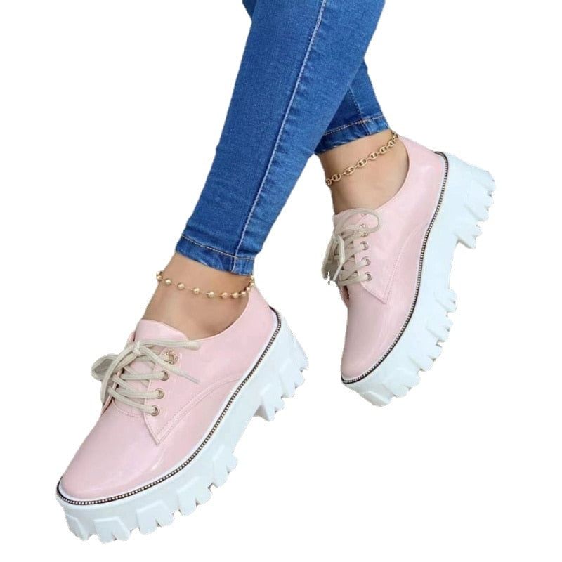 Thick Heel Flat Platform Oxford Women Shoes Pink/Red/Black, Color: Pink, Shoe Size: 6.5