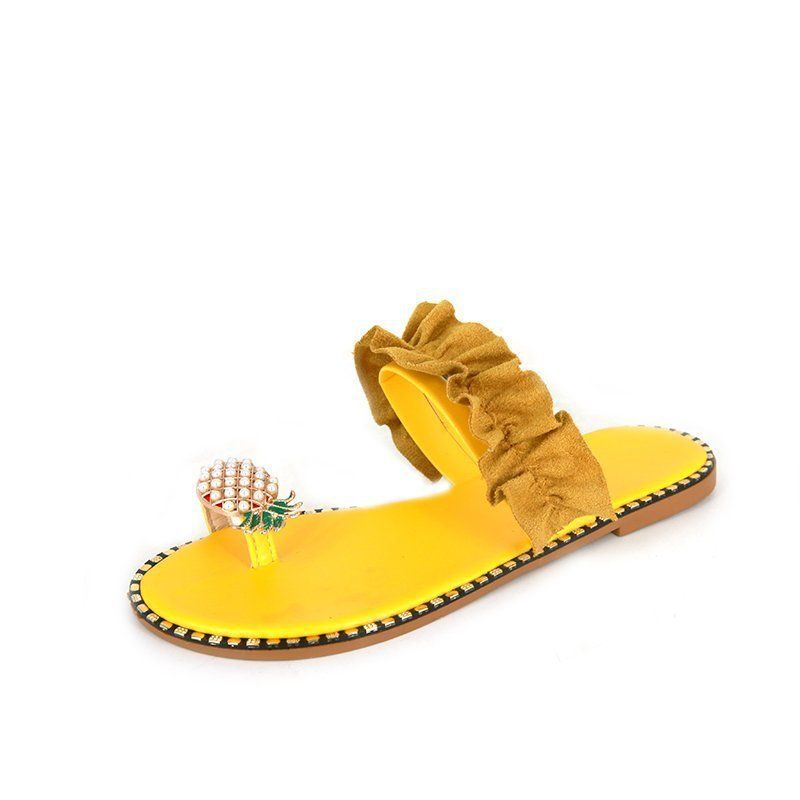 Pineapple Pearl Beach Slides Flat Toe Casual Womens Slippers, Color: Yellow, Shoe Size: 10