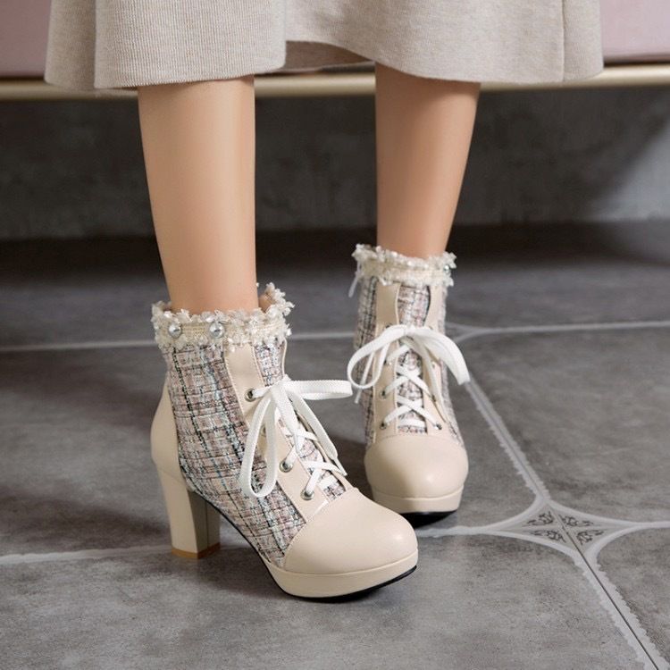Short Boots Women&#39;s Stitching Lace Sweet Thick Heel Women&#39;s Shoes –