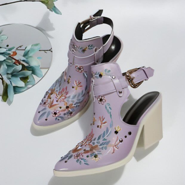 Personalized Retro Embroidery Rivet High Heels Chunky Heel, size: 38, Color: Purple