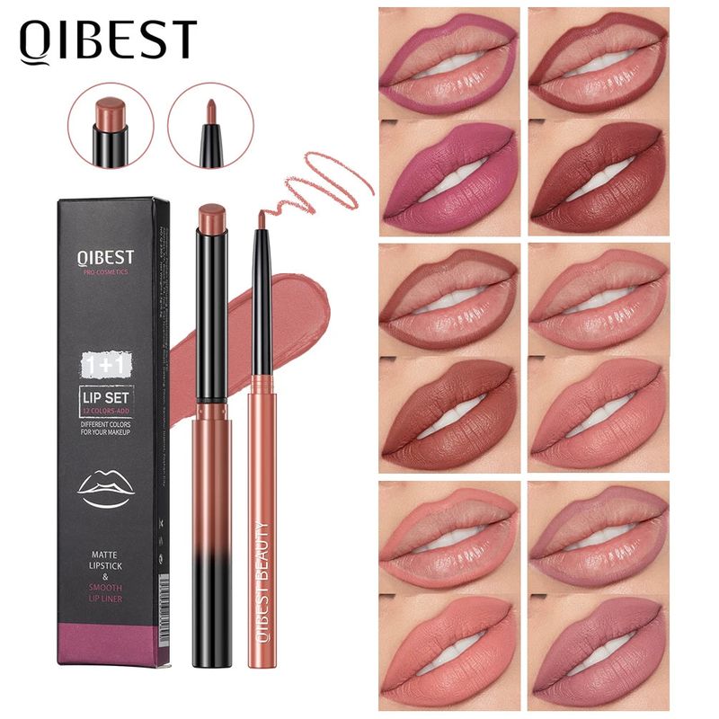 QIBEST 2pcs Lipstick Lipliner Pen Set Matte Velvet Lip Liner Pencil