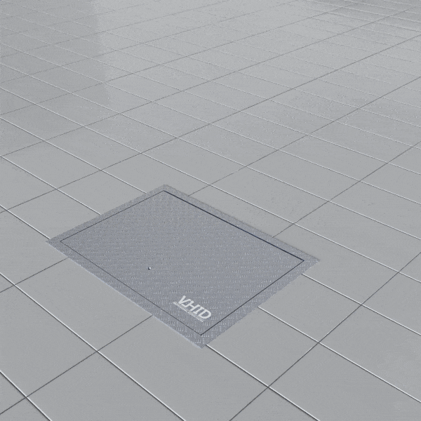 Technical floor hatch for premises, with a corrugated steel sheet lid, opening with the help of an electric actuator, mod. Electric PANZER. Stainless steel